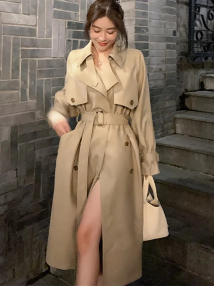 Autumn Winter Khaki Long Trench Coat for Women Jacket Elegant Outerwear Turn-down Collar Tie Belt Korean Chic Windbreaker 240822