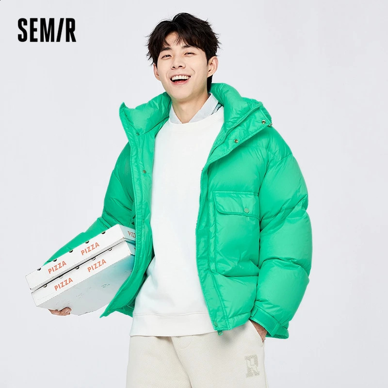 Mens semi down jacket winter warm and comfortable simple solid color casual hooded trend 240822