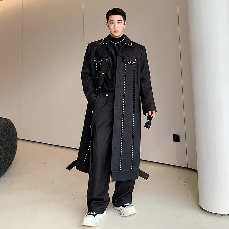Trenchcoat Men Rivet Woolen Single-breasted Long Trench Coat Man Streetwear Vintage Punk Gothic Motorcycle Jacket Outerwear 240822