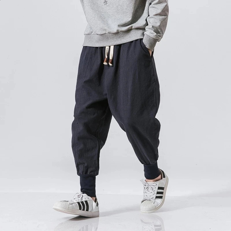 Cotton Linen Harem Pants Men Solid Elastic Waist Streetwear Joggers Baggy Dropcrotch Casual Trousers yy240822