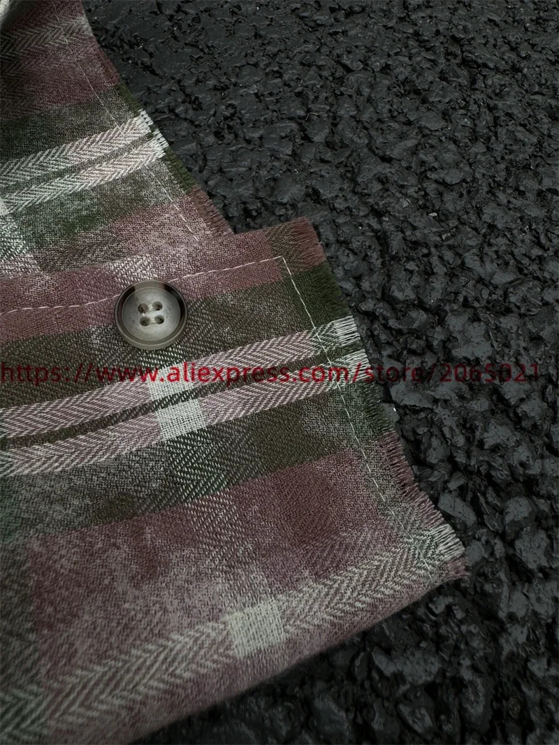 Retro Distressed Halo Dyeing Flannel Cotton Plaid Shirts Men Women Oversize Shirts Top 240822