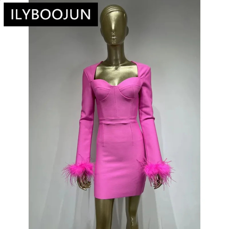 Women Winter Sexy Long Sleeve Feathers Pink Black Mini Bodycon Bandage Dress Elegant Evening Party Dress 240823