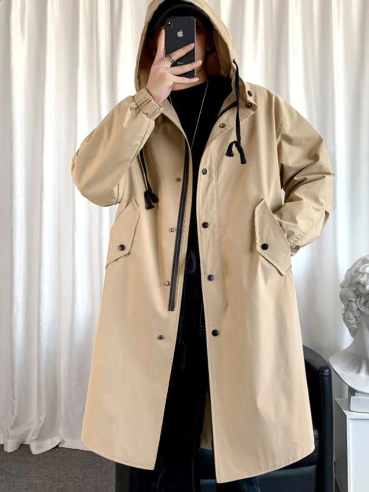 Mafokuwz Autumn Winter Windbreaker Men Long Safari Windbreaker Korean Trend Oversize Casual Coat Trendy Handsome Hooded Jacket 240822