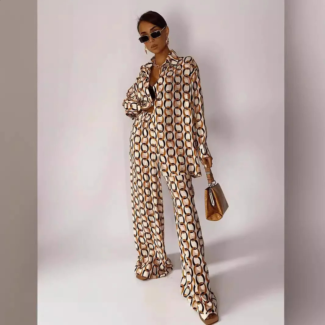 Women Two Piece Set Suit Tie-dye Print Long Sleeve Lapel ShirtElastic Waist Casual Wide Leg Pants Fashion Street Loose Outfits 240822