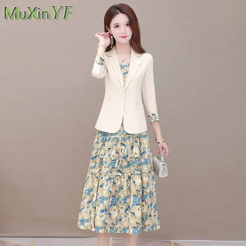 Womens Suspenders Floral Dress Suit Jacket Fall Elegant Blazers Skirt Two-piece Korean Fashion Vintage Clothing Set 240823