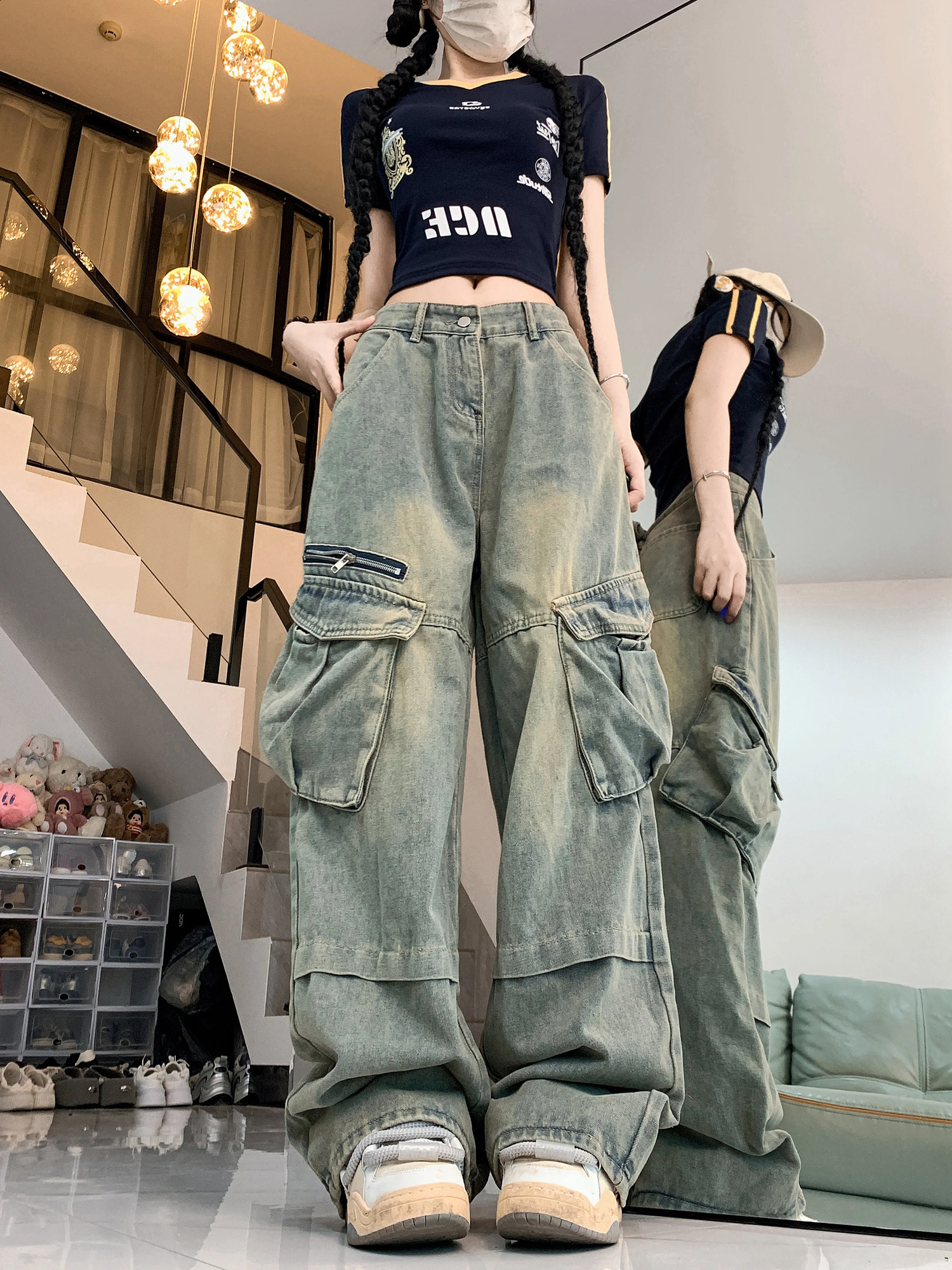 European American style pants for women retro blue fully matched Y2K jeans high waisted summer trendy womens w240824