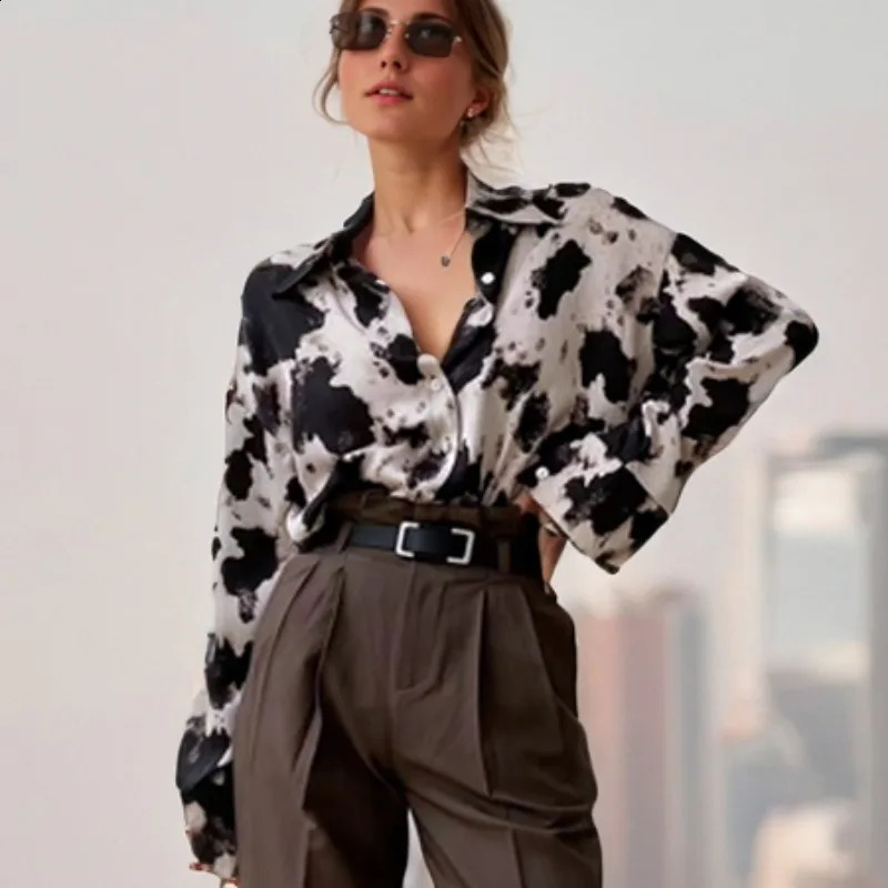 Denim print button womens spring plus size top Korean fashion clothing chiffon street long sleeved shirt 13486 w240824
