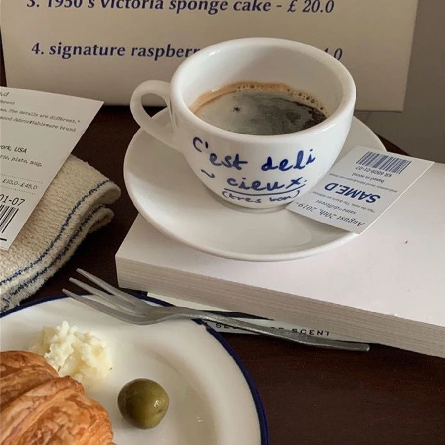 Simple Blue Letter Ceramic Mug and Saucer Set French Retro Romantic Coffee Cup Milk Cup Simple Korean Style 240822