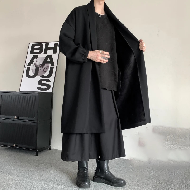 PFNW Dark Style Mens Cardigan Punk Plush Thicken Mid Length Male Windbreaker Fashion Trench High Street Coat 12Z6378 240822