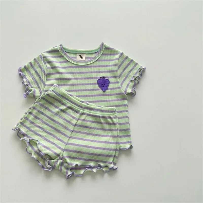 2024 summer new baby striped short sleeved clothing set girls ear top+short 2-piece set childrens grape pattern clothing project W250218