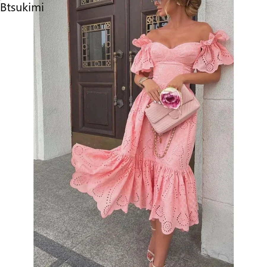 Women Sexy Hollow Out Solid Ruffles Dress Summer Loose Lace Patchwork Casual Dress Elegant Strapless Party Dresses Vestidos 240822