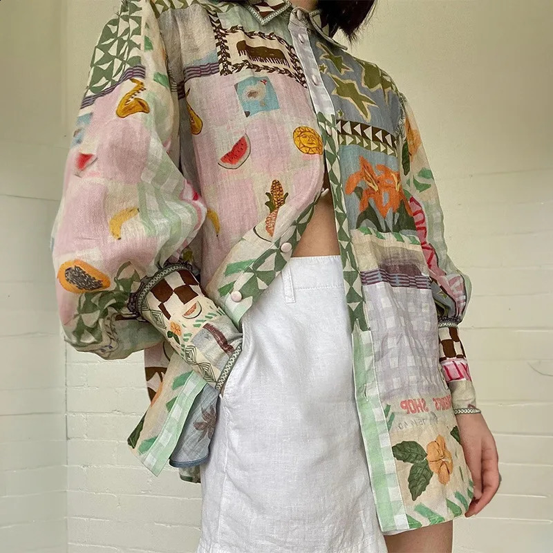 Womens Shirt Style Elegant Polo Neck Long Sleeve Fashion Print Colored Painting Casual Loose Womens Long Sleeve Tops 240823