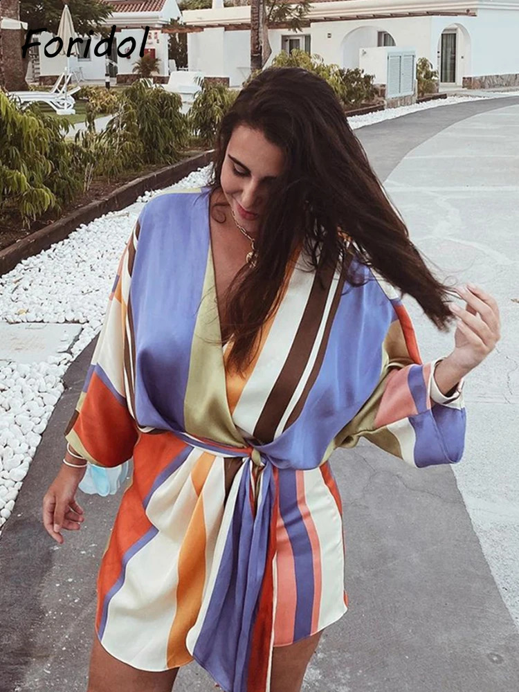 Foridol V Neck Stripe Casual Satin Romper Women Batwing Sleeve Wide Leg Fashion Playsuits Overalls Bowknot Loose Rompers 2024 240822 - view 5