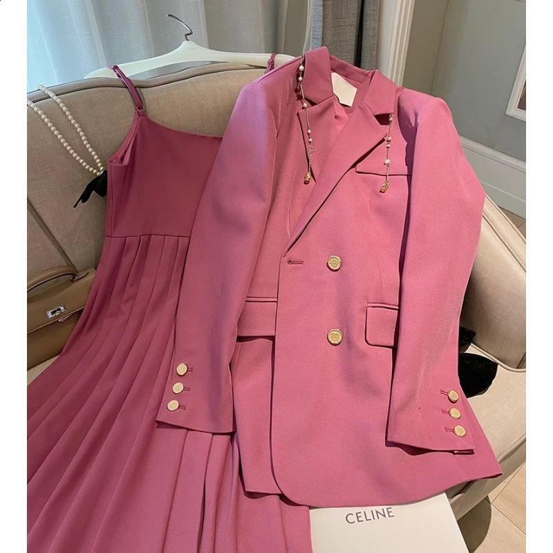 Spring Autumn Blazers Suspenders Womens Two-piece Set Loose Casual Suit Outerwear Sling Skirt Women 240823