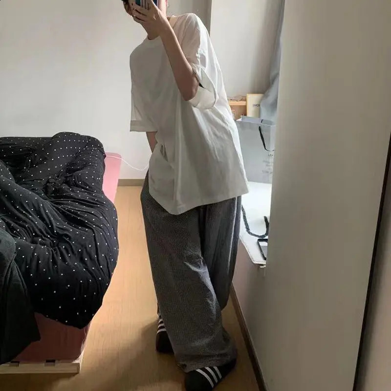 Deeptown Harajuku Striped Plaid Pants Women Korean Oversized Wide Leg Casual Trousers High Waist Summer Jogger Vintage Fashion 240822