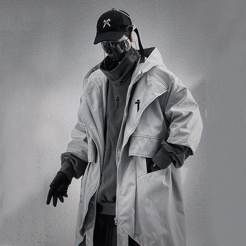 High Quality Punk Hip Hop Techwear Hooded Trench Coat Mens Irregular n Half-sleeve Street Casual Long Jacket Cloak 240822