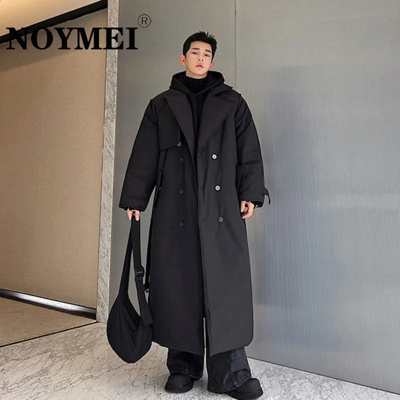 NOYMEI Oversize Silhouette Thickened Double Row Subblack Long Cotton Coat Black Belt Korean Trendy Trench Men Winter WA3310 240822