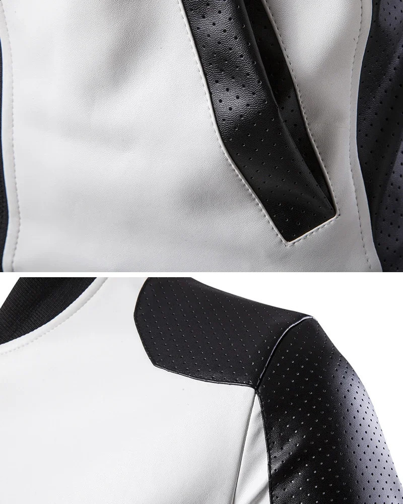 Men Stand Collar Coat Black White Color Matching Casual Leather Jacket Fashion Racing Clothing PU Leather Jacket 5XL-M 240822