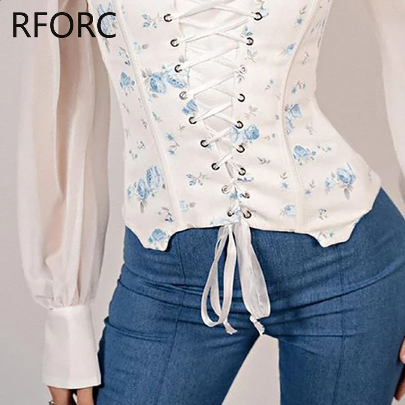 Womens Printed Square Neck Criss Cross Lace Long Lantern Sleeve Chiffon Shirt Top 240822