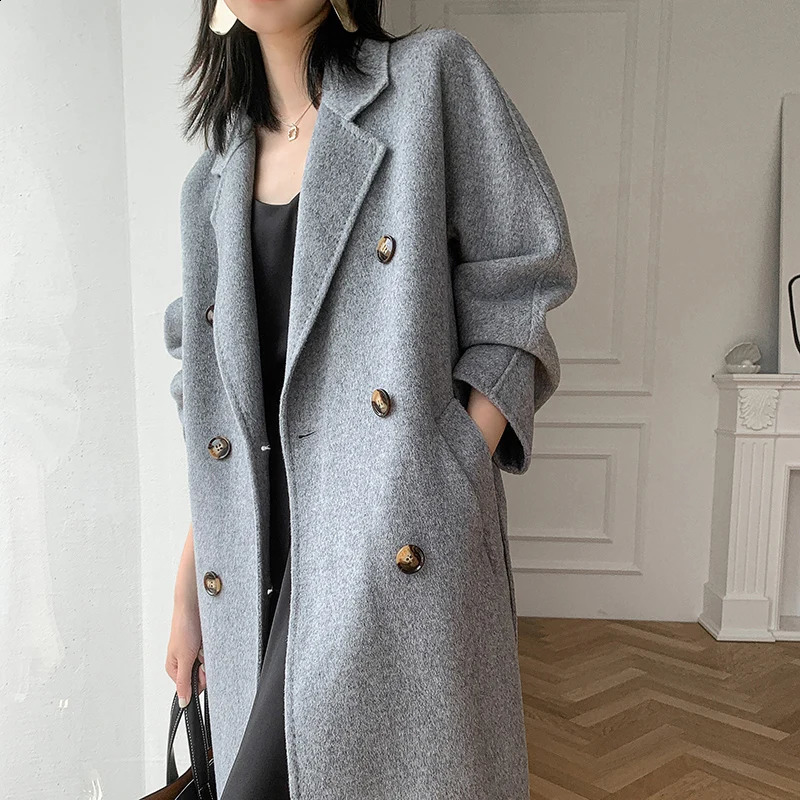 High quality doublesided 100 wool coat womens long elegant loose cashmere winter jacket 240823