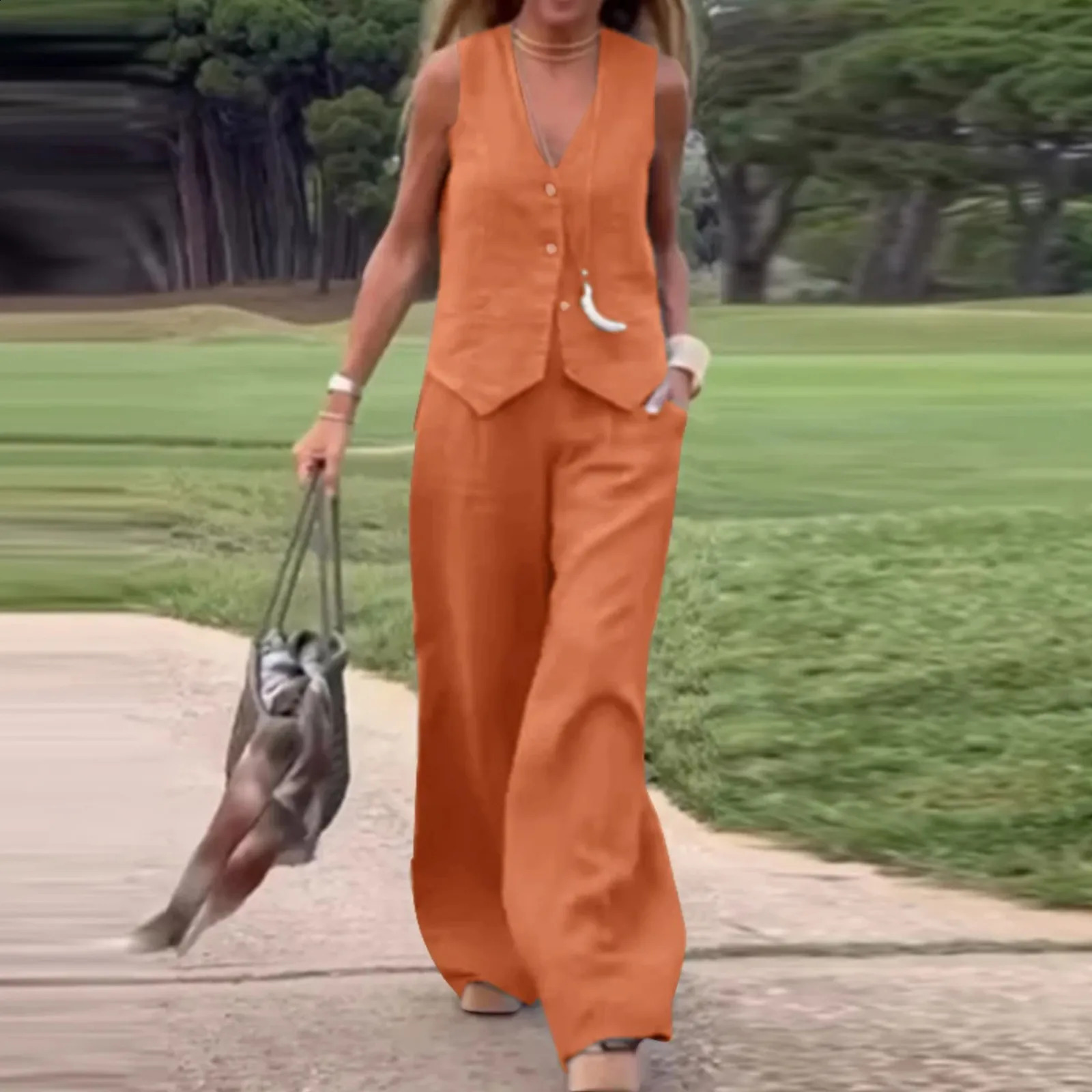 Casual solid 2-piece pants set elegant womens vest set sleeveless V-neck vest top fashionable pants set oversized matching set 240823