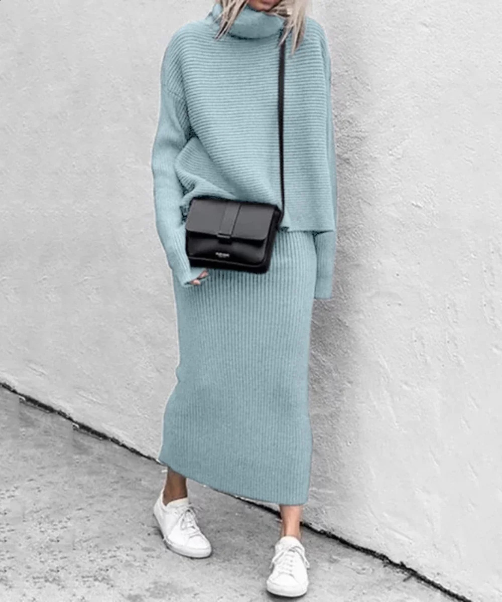 Two Piece Skirt Sets Knit Sweaters Spliced Full Sleeve Turtleneck Long Skirts Suits A Line Matching Set Solid Loose Fit Sports 240823