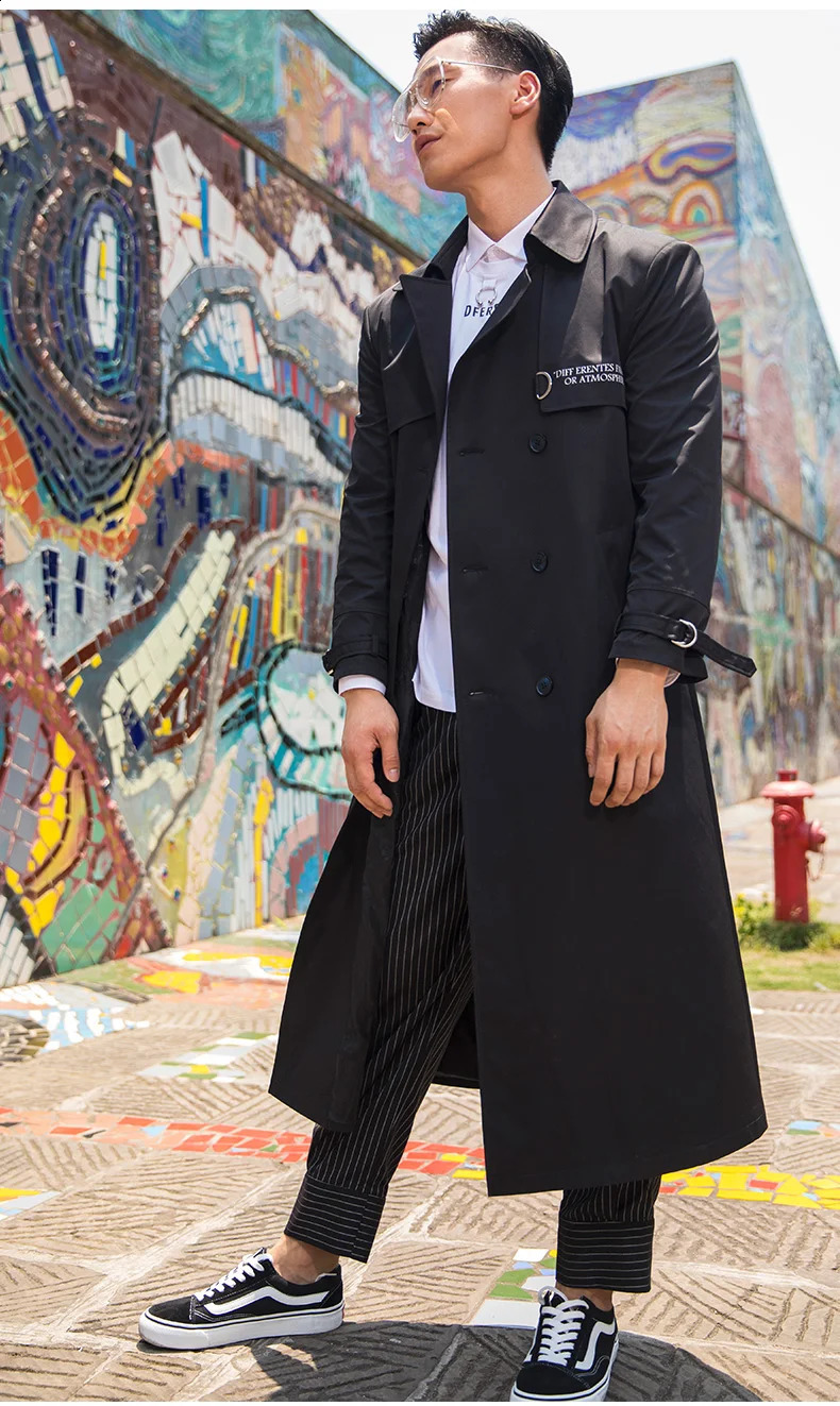 Autumn Winter Men Trench Adjustable Waist n Coat Fashion Smart Casual British Style Black Outwear Turn-down Collar 240822