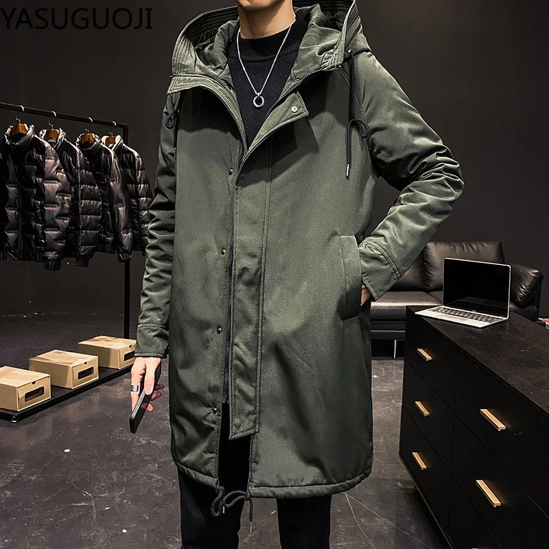 YASUGUOJI Mens Autumn and Winter Thicken Hooded Windbreaker Military Army Green Long Jacket Male Denim Trench Coat For Men 240822