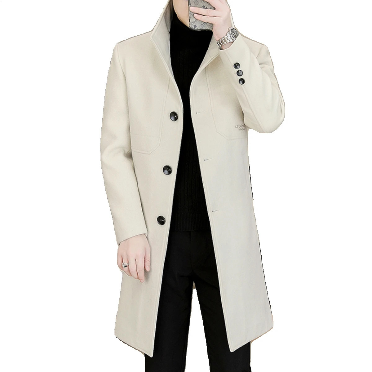 Beige Elegant Off White Trench Coats Mens Winter Overcoats Gentleman Winter Long Jackets For Cold Warm Coats Slim Fit Vintage 240822