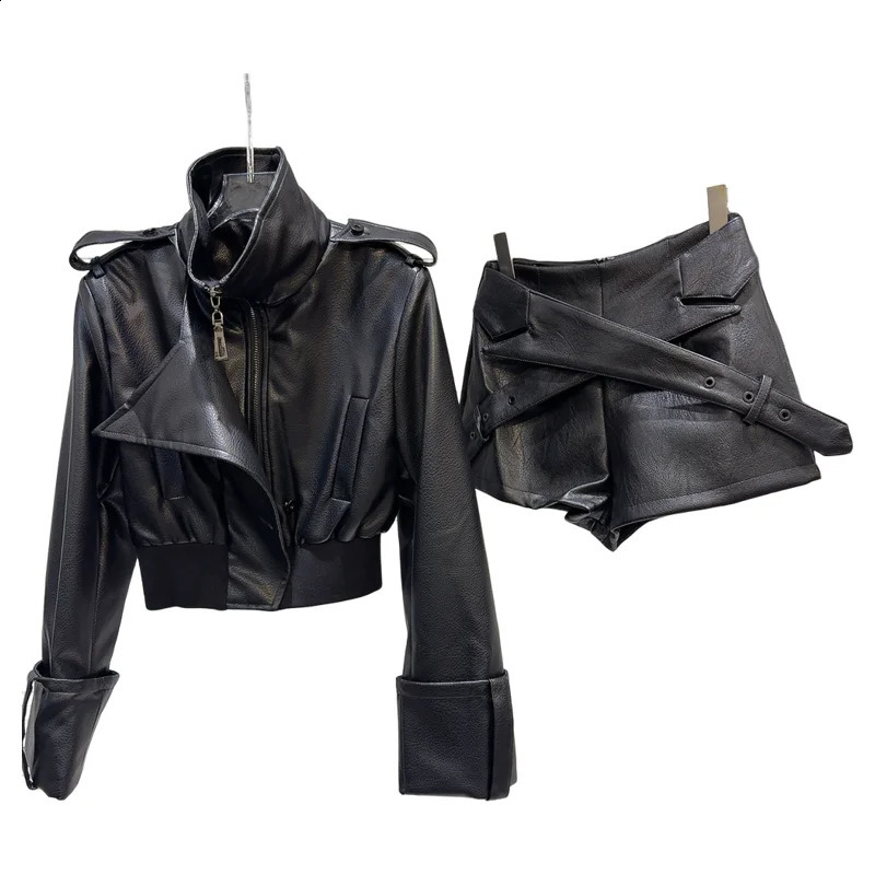 PREPOMP Autumn Turtleneck Pu Short Jacket Criss-cross Belt Faux Leather Shorts Two Piece Set Women Outfits GR986 240823