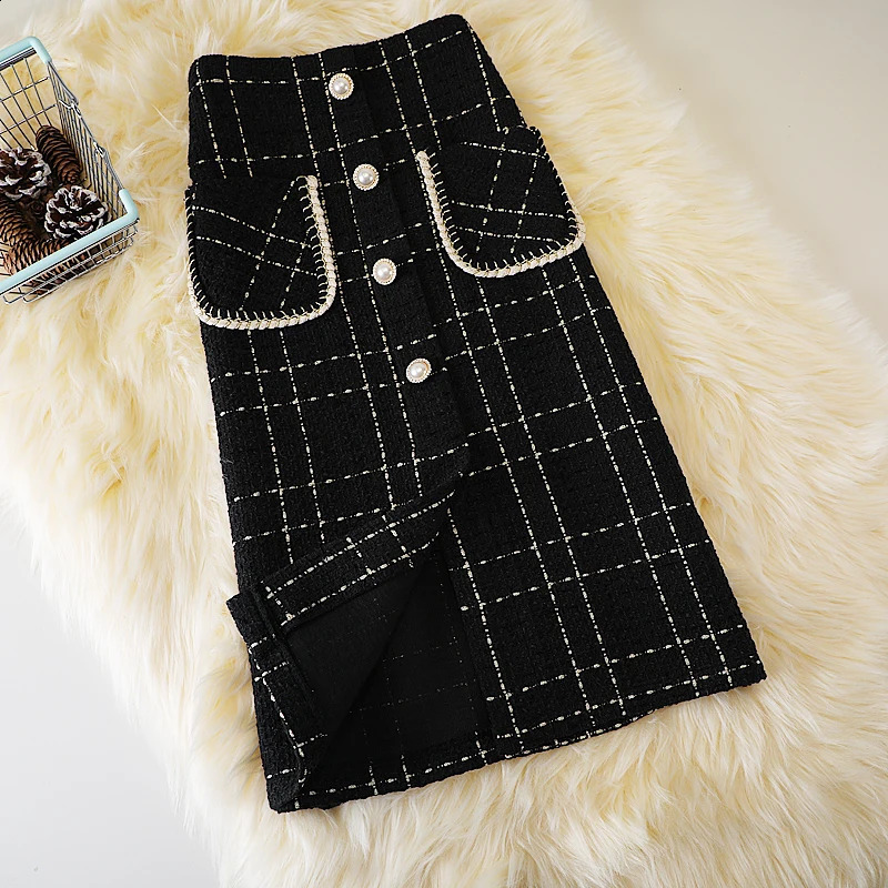 high waisted thick tweed womens celebrity long dress elegant Aline buckle fashionable split flared skirt Spring 240823