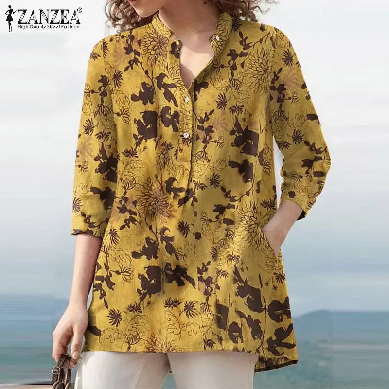 ZANZEA Womens Autumn Flower Printed Shirt Bohemian 34 Sleeve Holiday Chemical Casual Party Blusas Tuned Top w240824