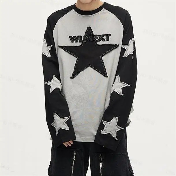 Harajuku Star Embroidered Long Sleeve T-shirt Y2K Set Womens Contrast Patch Long Sleeve College Casual Long Sleeve Mens Top 240823
