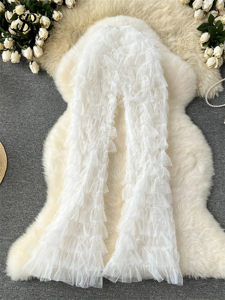 SINGREINY Fashion Mesh Long Pants Women Tierred High Waist American Fashion Streetwear Y2k Vintage Sheer Flare Trousers 240823