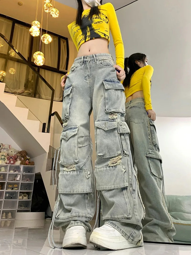 American Spice Girl Heavy Industry High Street Multi-Pocket Wide Leg Hip Hop Jeans Y2K High Waist Baggy Straight Pants 240822