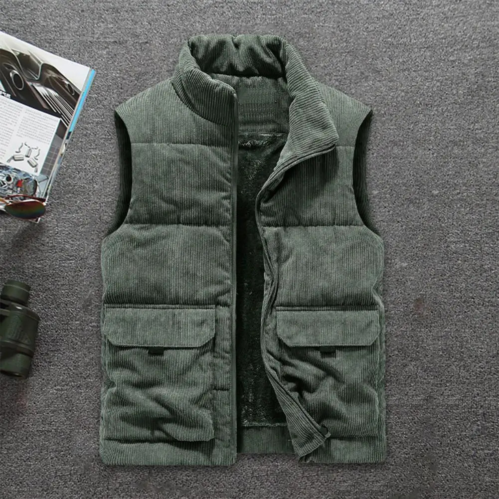 2024 Vest Jacket Mens Autumn Winter Warm Sleeveless Coat Stand Collar Padded Waistcoat Corduroy Work Wear Male Clothes 5XL y240822