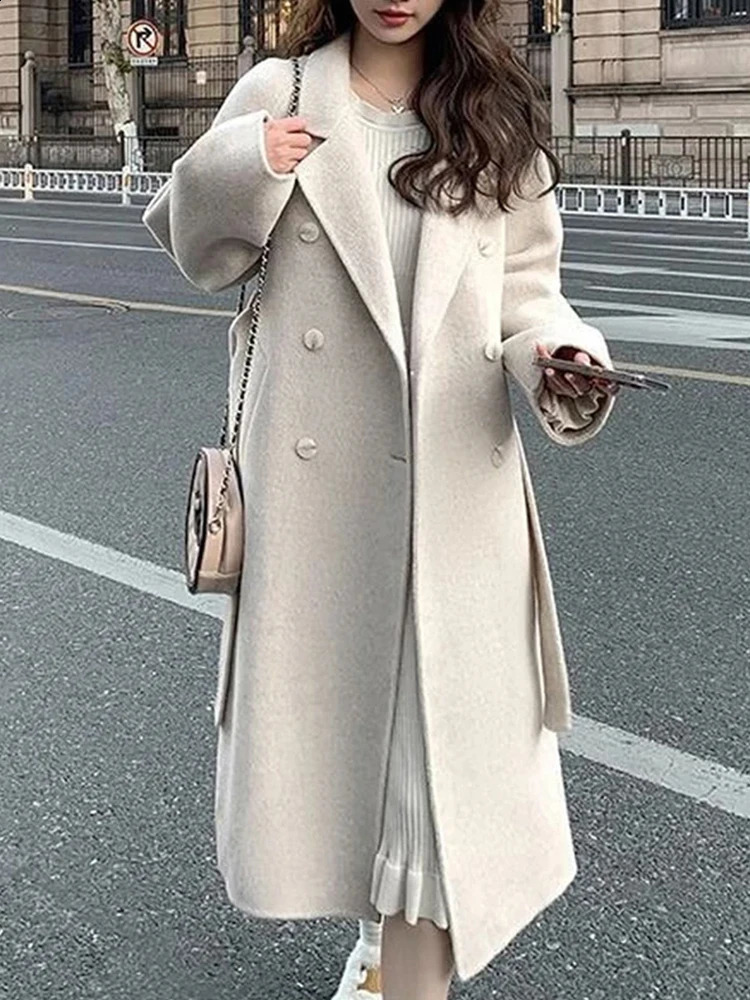 Lace UP Long Coat Women Spring Faux Woolen Full Sleeve Female Midi Jacket Fashion Single Breasted Loose Causal Lady Coats 240822