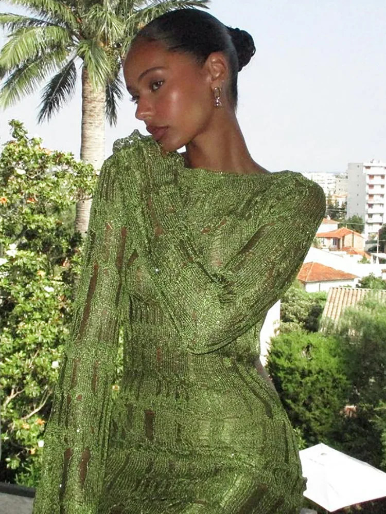 Women Fashion Knitted Solid Long Sleeve Backless Sexy Slim Maxi Dress Fall See Through Vacation Party Outfit Y2K 240823