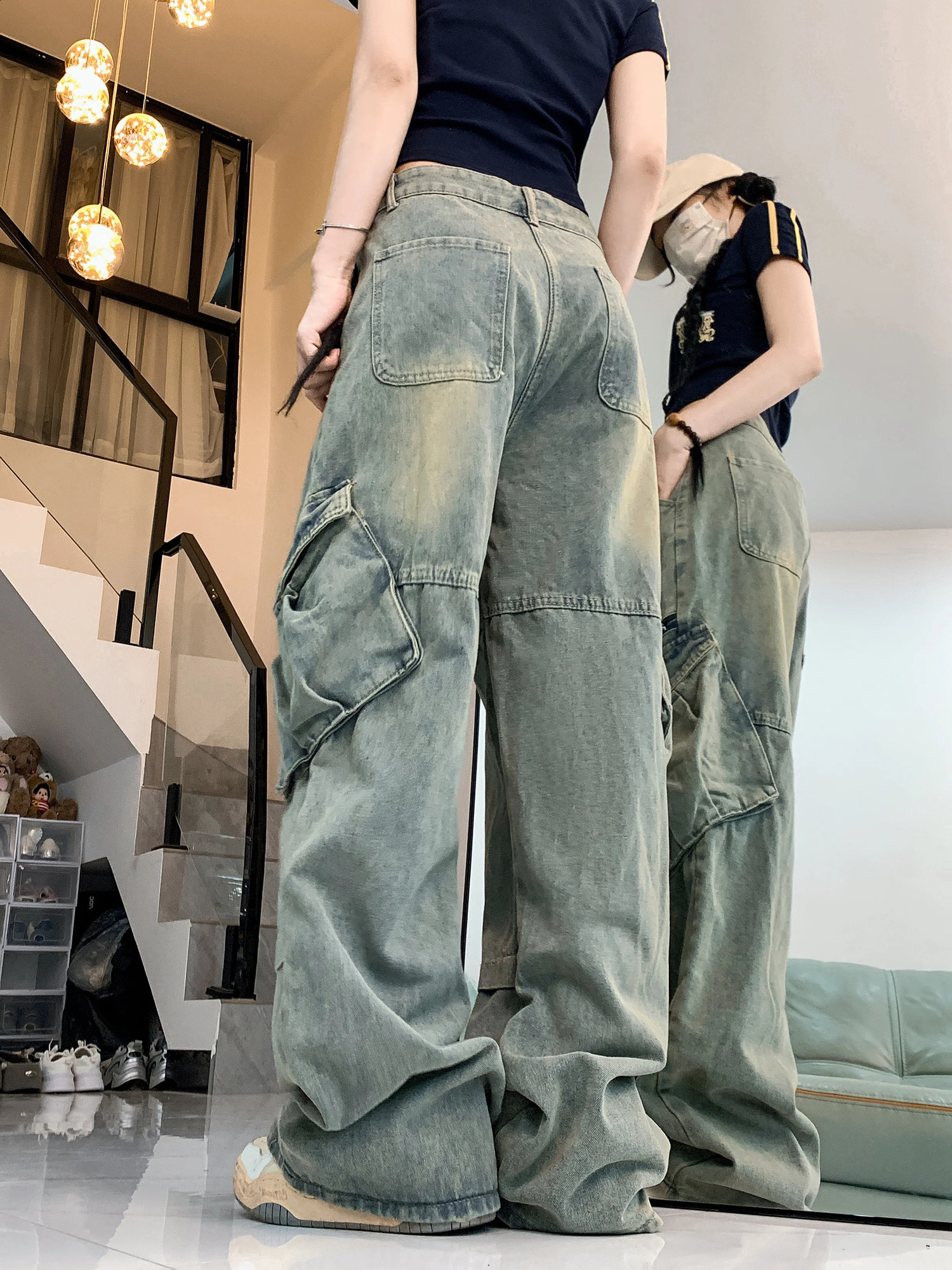 European American style pants for women retro blue fully matched Y2K jeans high waisted summer trendy womens w240824