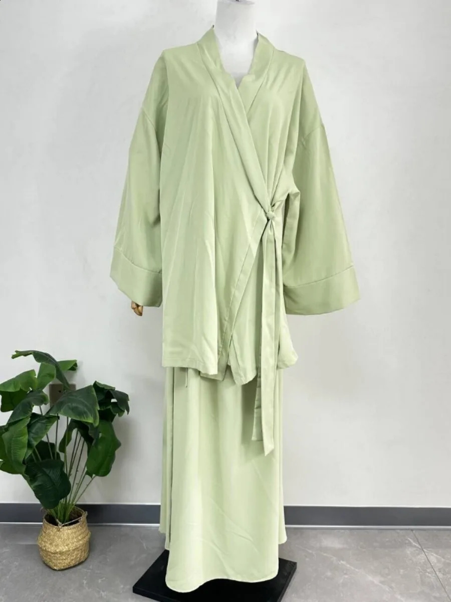 Eid Muslim Women Two Piece Set Kaftan Islam Lace Up Tops Skirt Suits Morocco Ensembles Abaya Turkey Ramadan Modest Outfits 240823
