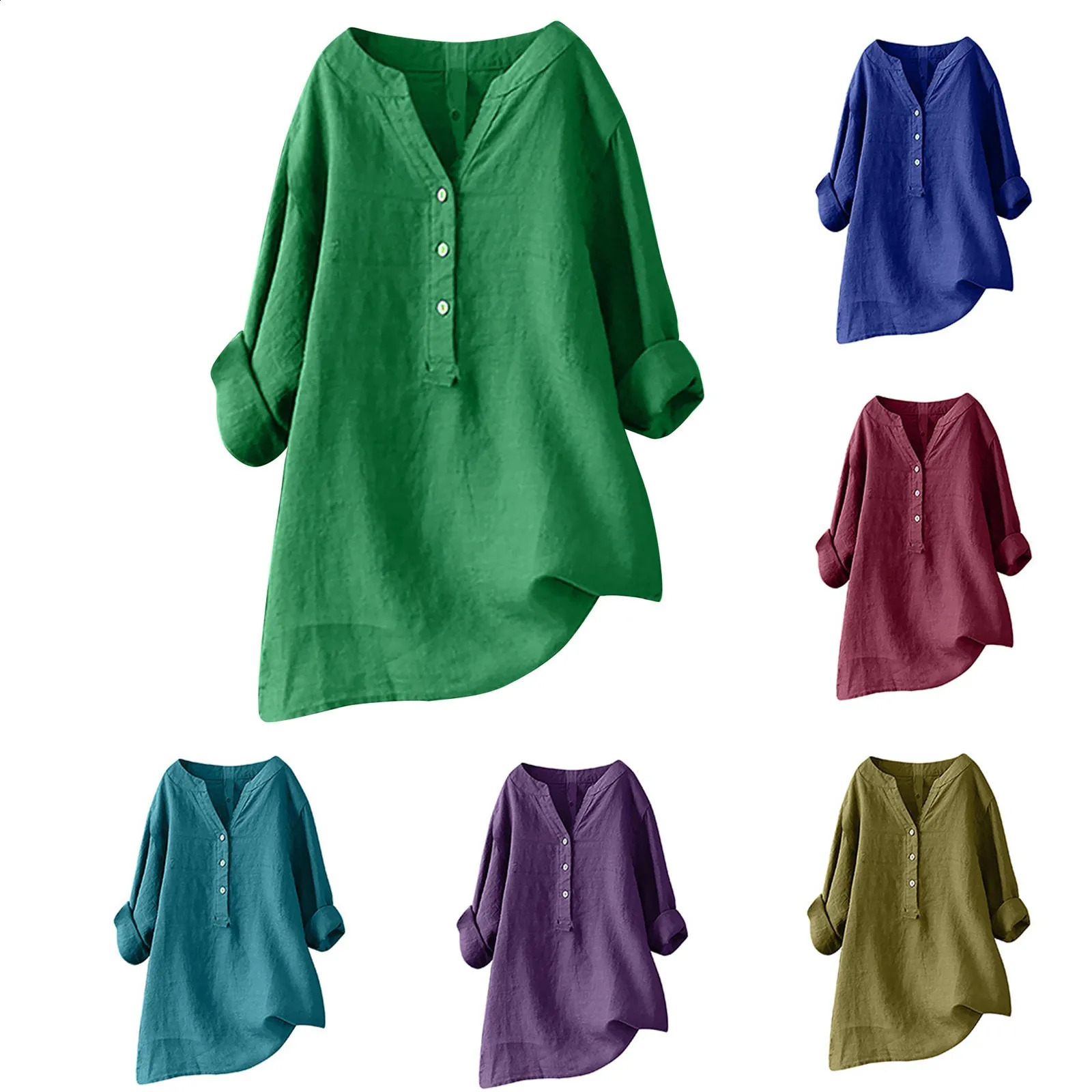 Autumn cotton linen loose shirt button down top vertical solid long sleeved casual womens 240822