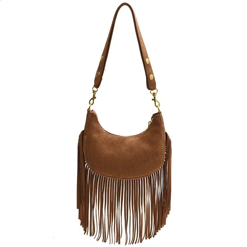 Tassel Womens Bag 2023 Suede Leather Fashion Trend Handbag Half moon Tote Shoulder Crossbody Purse 240823
