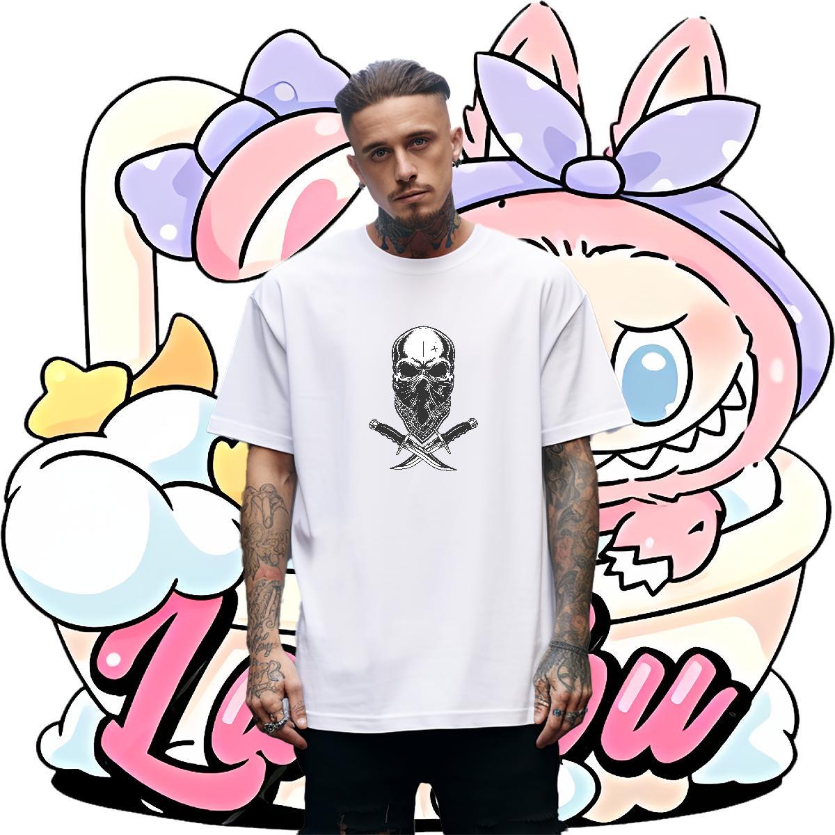 Wholesale T Shirt For Man 230g Pure Cotton skull High Street Hip Hop Black Oversized Round Neck Short Sleeve Tshirts Brand Tops Shirt