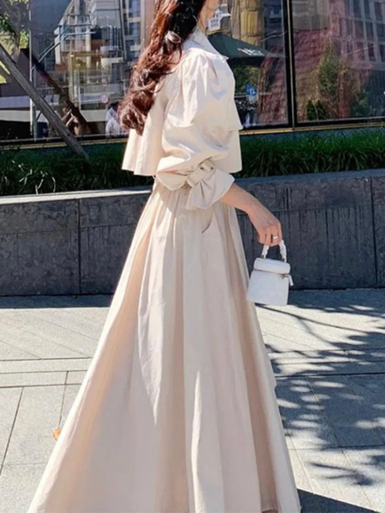 Women Simple Lapel Bubble Sleeve Shirthigh Waist Pleated Skirt Two-piece Suit Spring Summer Fashion Set M981 240823