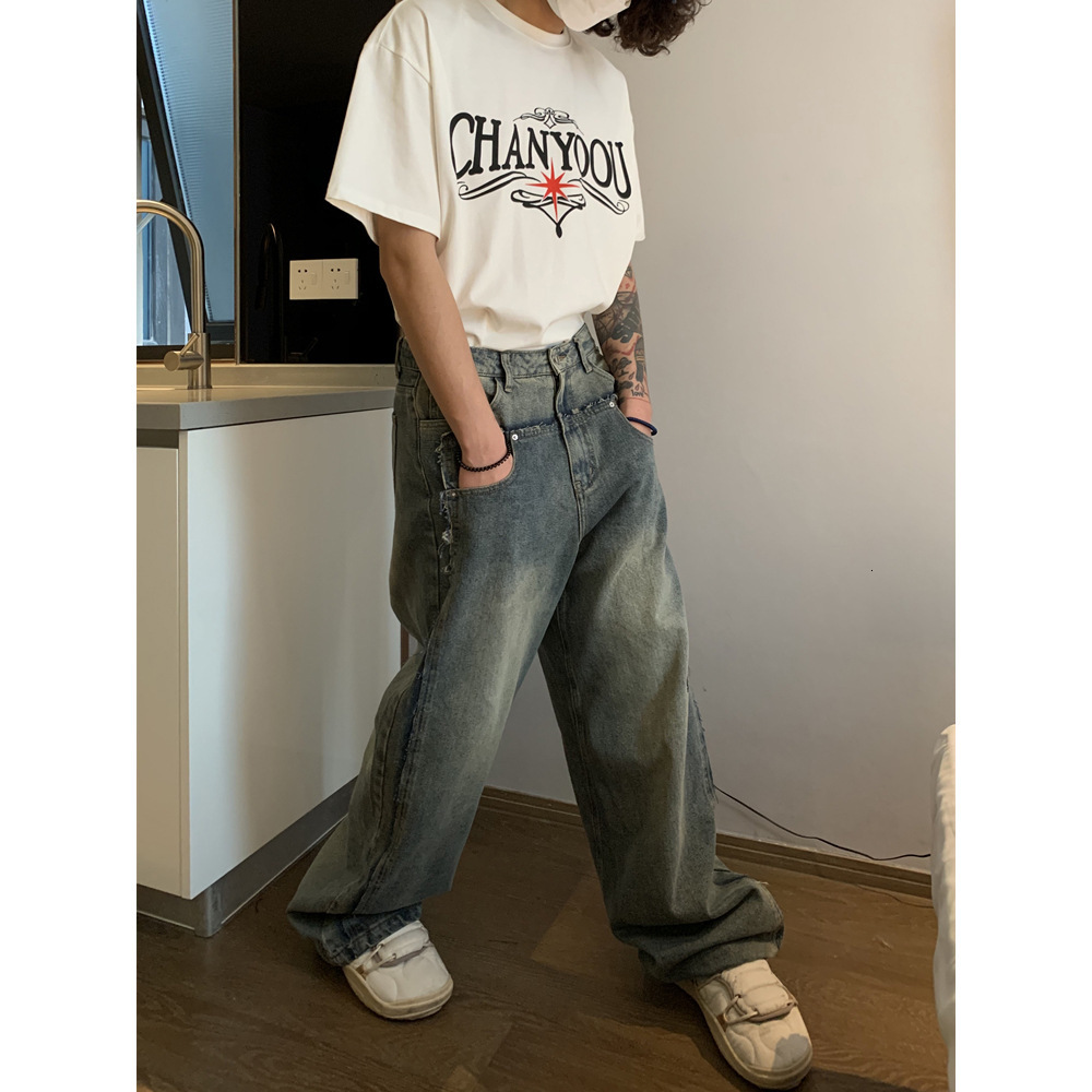 Fashionable Double Waisted Pants with Large Pant Legs Loose Jeans for Men in Summer New Embroidered Casual Versatile Denim Pants Trendy