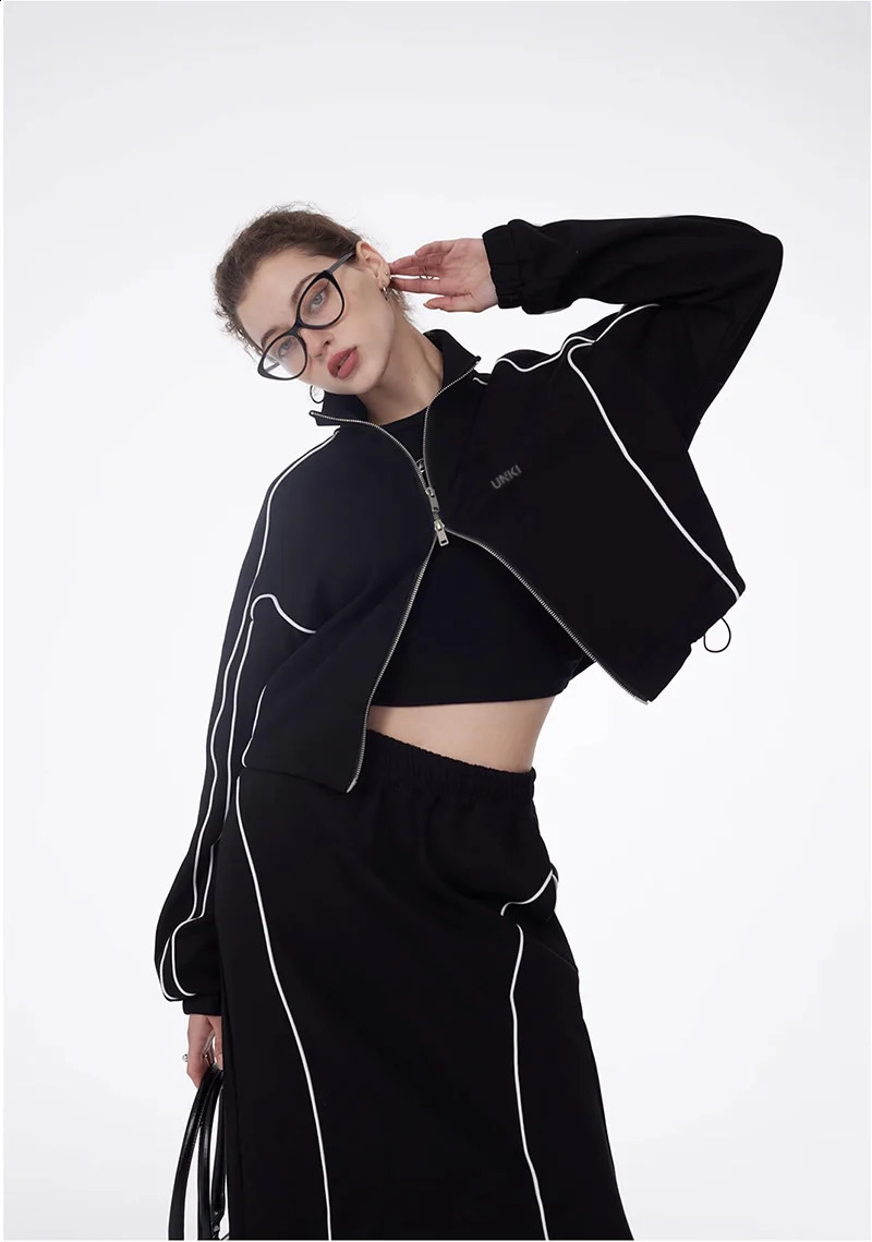 2 piece Set Womens Reflective Strip Black Zipper Track JacketSport Skirt Y2k Tracksuit Female CropTop Short Coat Jackets Sets 240823