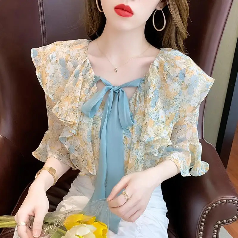 Chiffon bow tie womens shirts and blouses floral tops pleated Vneck clothing young series trends w240824