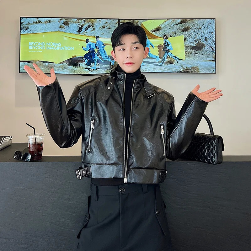 NOYMEI Jacket Silhouette Padded Shoulder Zipper PU Leather Buckle Standing Collar Rubbed Pattern Coat Autumn WA2811 240822
