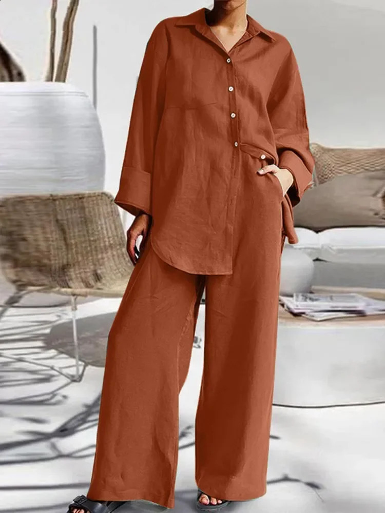 2024 Summer Womens Solid Color New Set Cotton Hemp Rope Collar Fashion Long Sleeve Shirt High Waist Wide Leg Pants Two Piece Set 240823