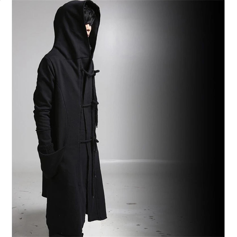 Autumn Trench Men Punk Coats Hip Hop Outerwear Slim Fit Long Coat Hooded Cloak Cardigan Mens Linen Rope n Gothic Jackets 240822